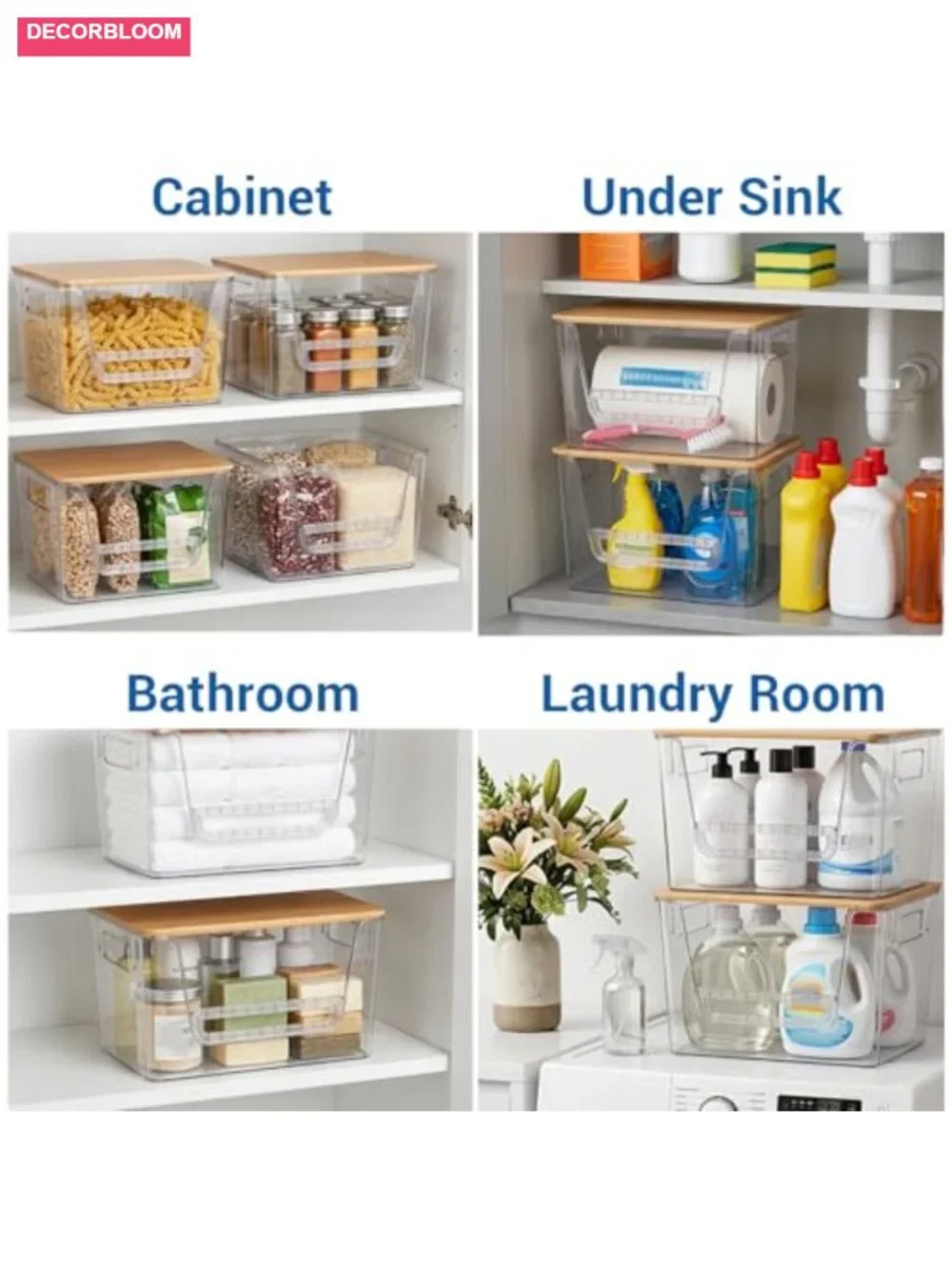 3 Set Pantry Organizers Storage Bamboo Lids Stackable Clear Plastic Bins
